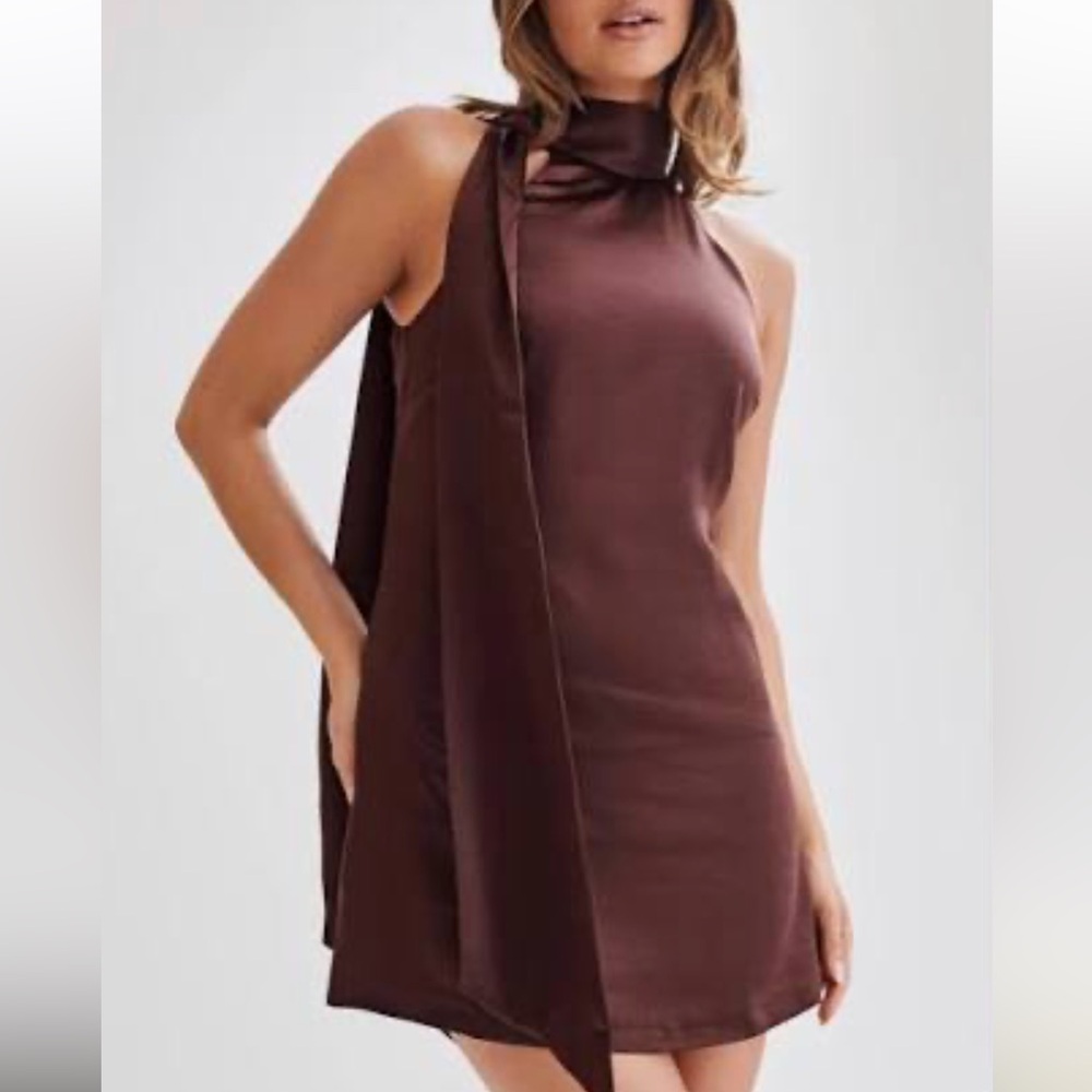 Meshki One-Shoulder Mini Dress in Deep Chocolate Brown